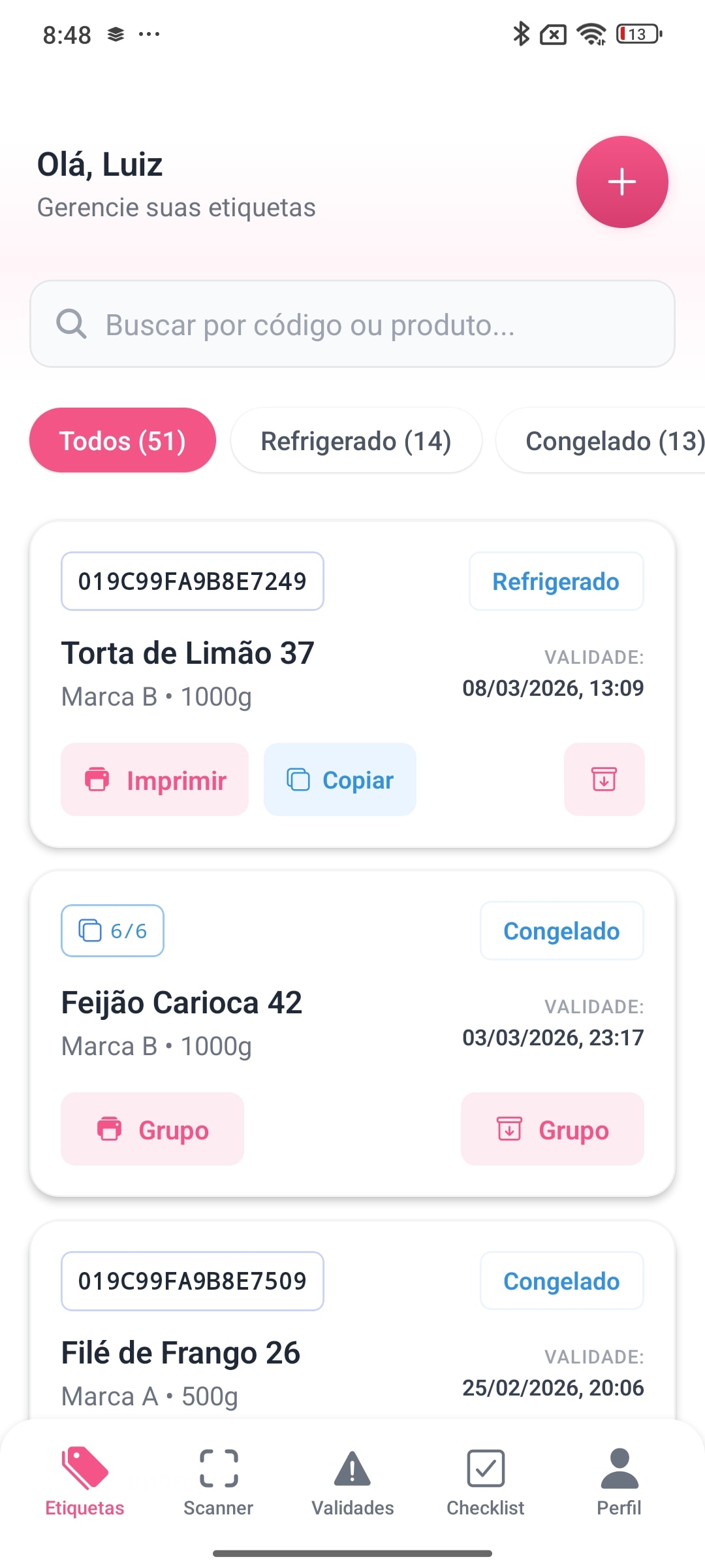 Tela do app: Etiquetas